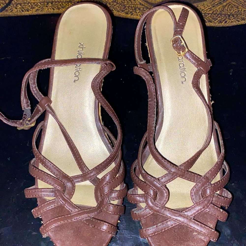 Size 6 Brown strappy wedges. Xhileration. Worn few times. Still in great shape.